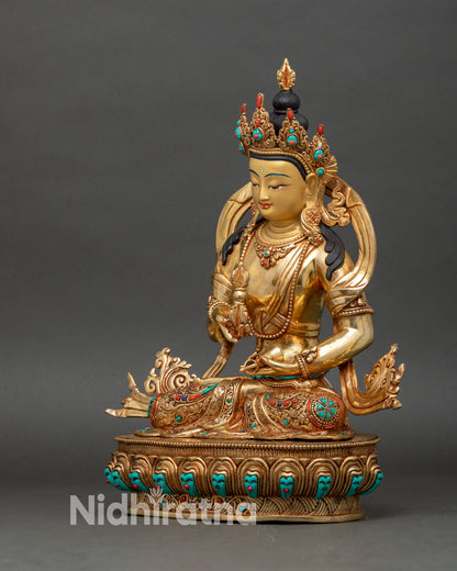 Left side view of Vajrasattva Dorje Sempa statue showing intricate robes and lotus pedestal