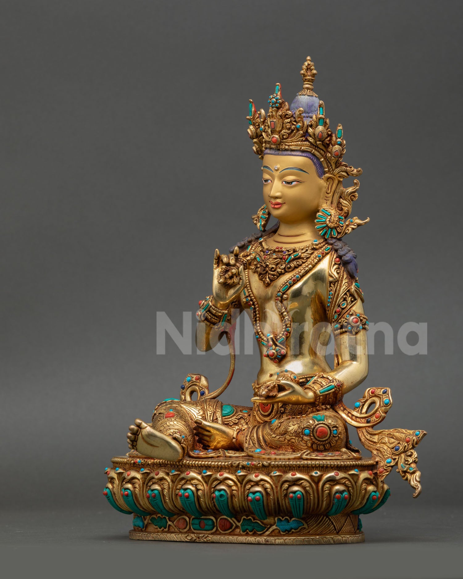 Left Side View of Vajrasattva Vajrayana Buddhist Sculpture with Gem Inlay