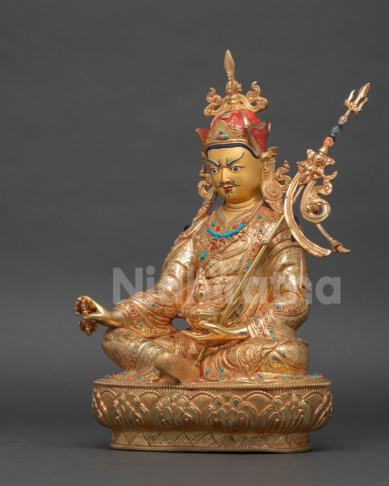 left side view padmasambhava statue handcrafted nepal buddhist sculpture oxidized copper finish
