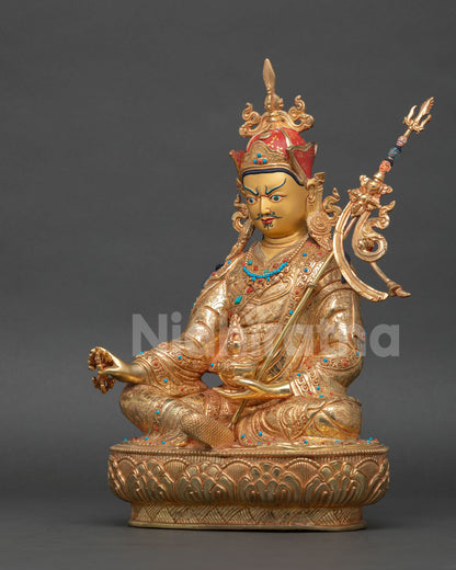 left side view padmasambhava statue handcrafted nepal buddhist sculpture oxidized copper finish
