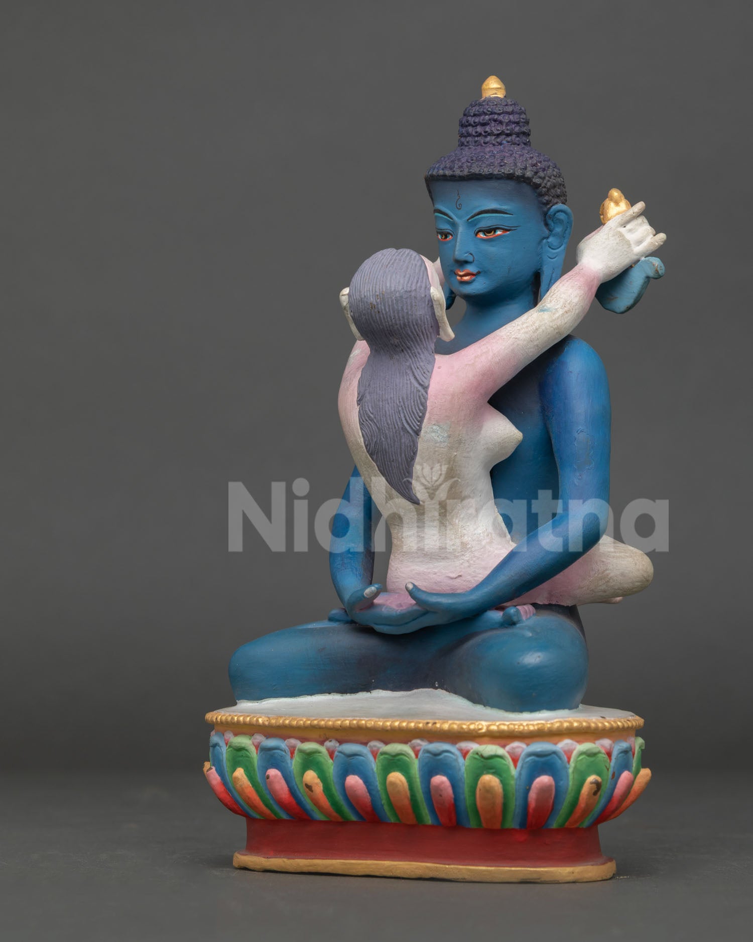 Left side view Samantabhadra Buddha statue Himalayan copper craftsmanship