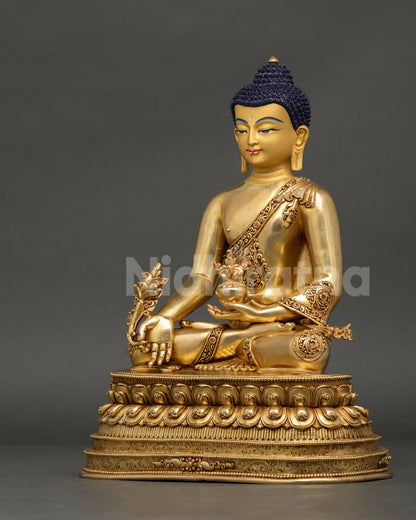 Sangye Menla left view, dhyana mudra, healing bowl, turquoise accent — Himalayan Buddhist art