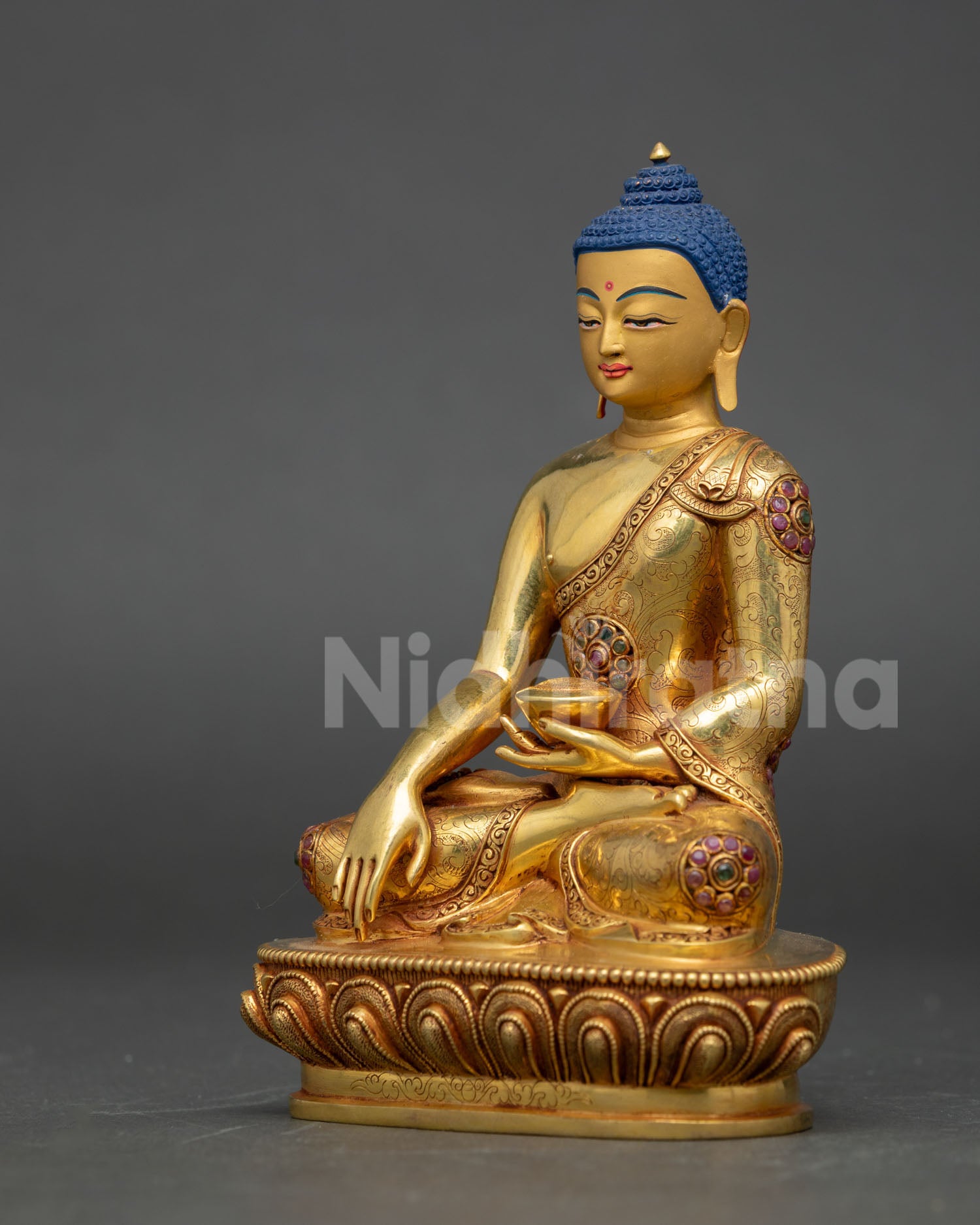 left side view shakyamuni buddha statue artisan made copper gilded buddhist altar decor