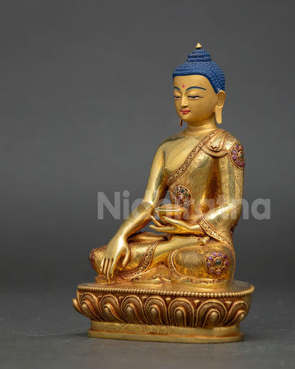left side view shakyamuni buddha statue artisan made copper gilded buddhist altar decor