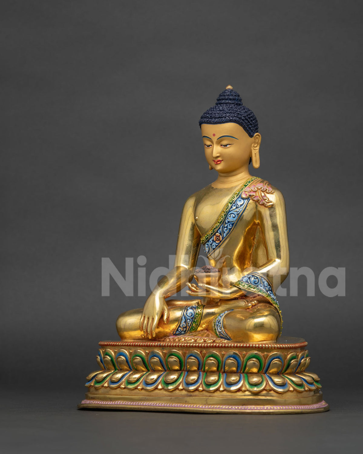 left side view shakyamuni buddha statue copper gold gilt double lotus seat
