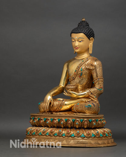 left side view shakyamuni buddha statue, fire gilded copper buddhist sculpture