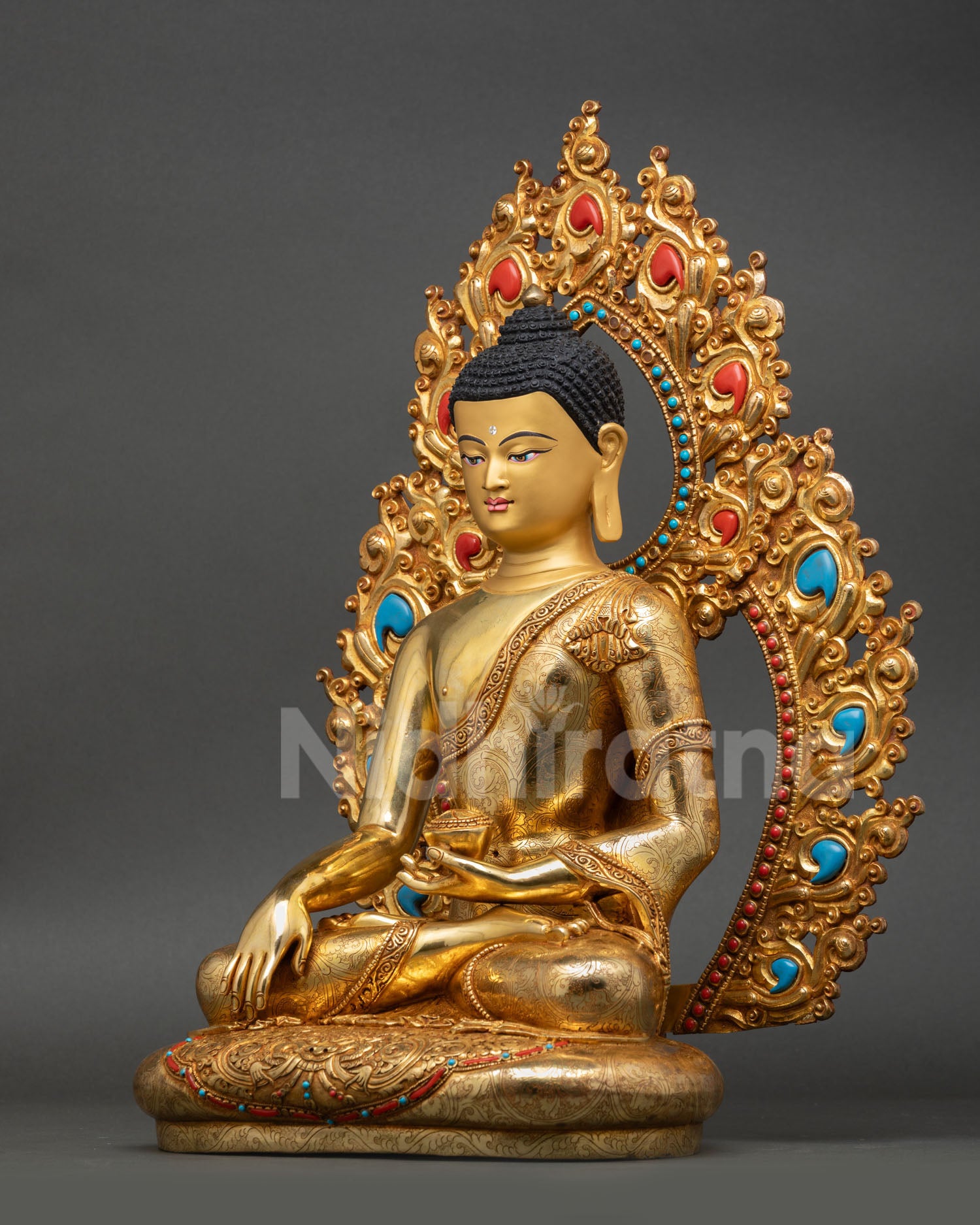 left side view shakyamuni buddha statue handcrafted nepal buddhist sculpture turquoise coral gold finish