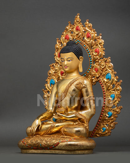left side view shakyamuni buddha statue handcrafted nepal buddhist sculpture turquoise coral gold finish