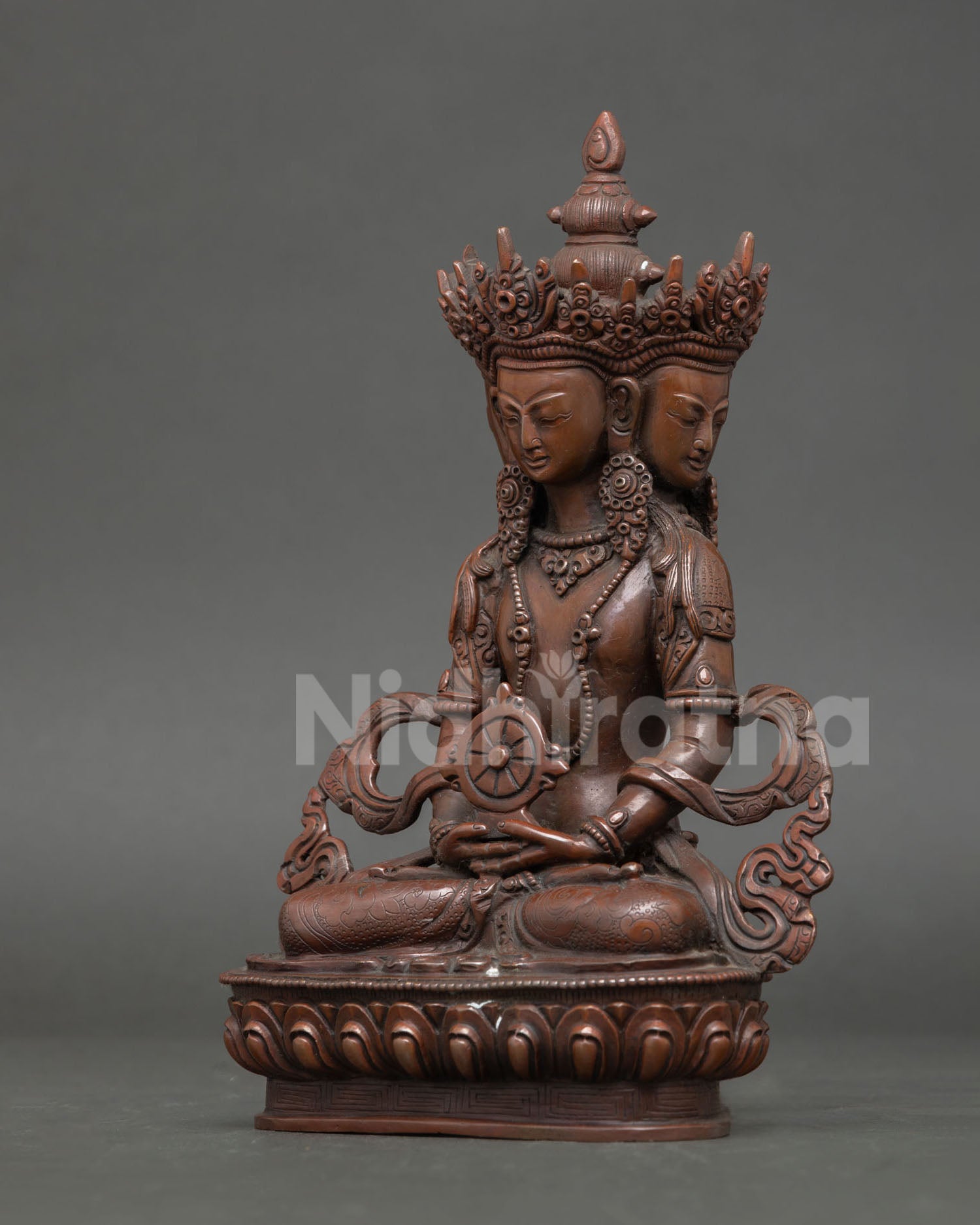 Left side view Vairocana Buddha copper sculpture, symmetrical design, oxidized finish, Newari artisans Nepal