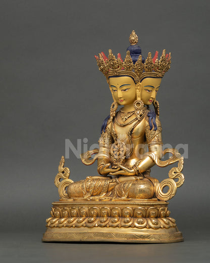 Left side view vairocana buddha statue, detailed nepalese metalwork with sacred buddhist iconography