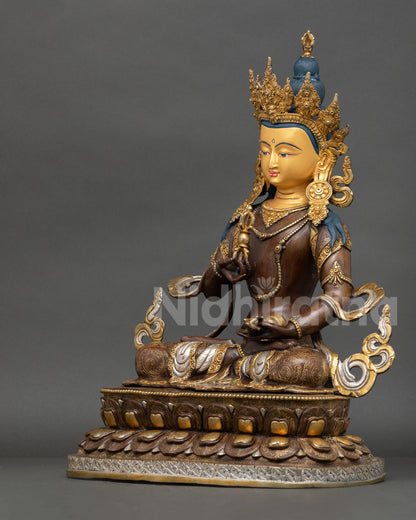 Left side view Vajrasattva statue detailed ornaments lotus seat Buddhist deity Nepal art