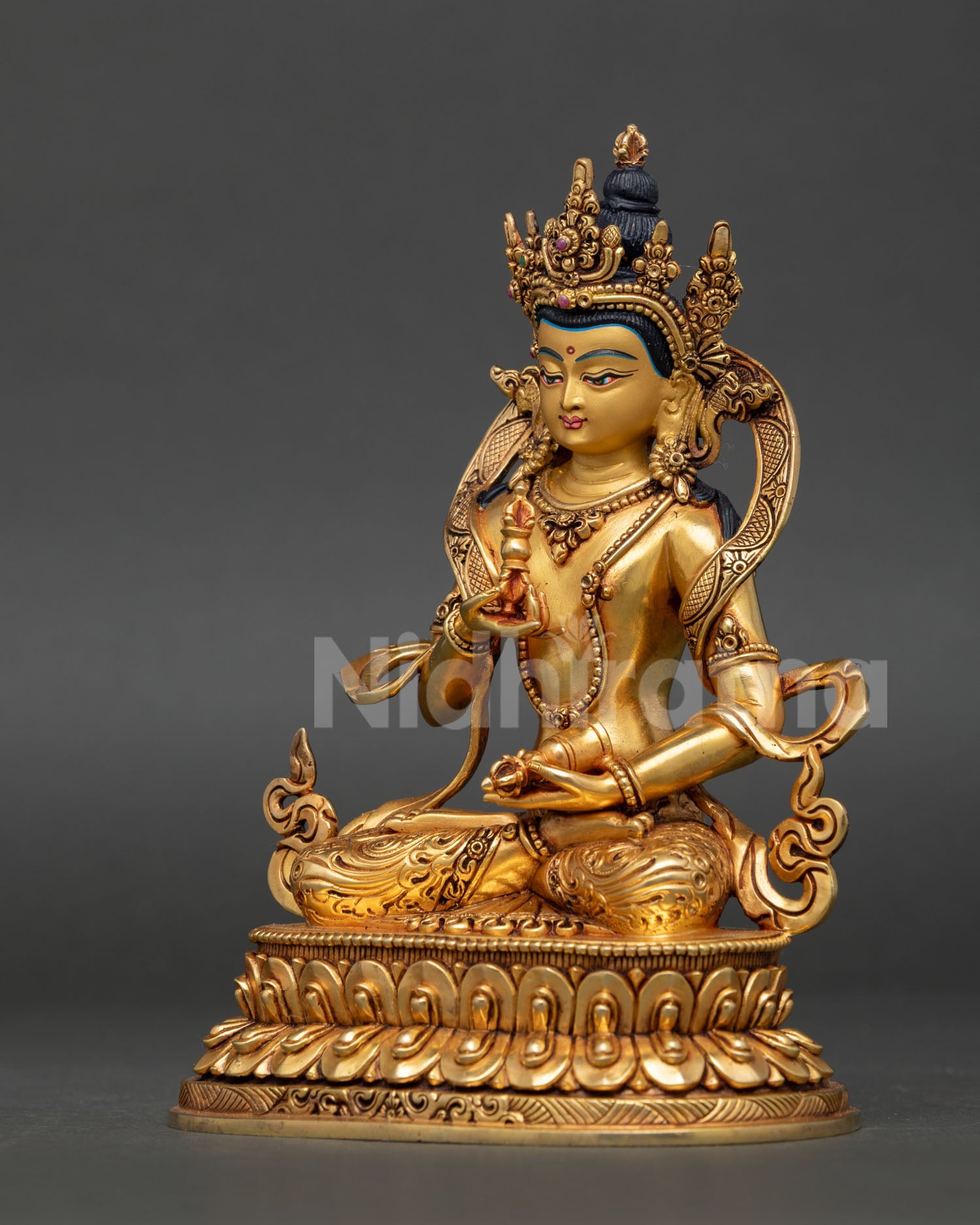 left side view vajrasattva statue gold gilded copper buddhist deity figurine traditional lost wax craftsmanship