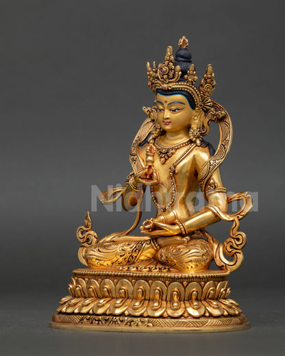 left side view vajrasattva statue gold gilded copper buddhist deity figurine traditional lost wax craftsmanship