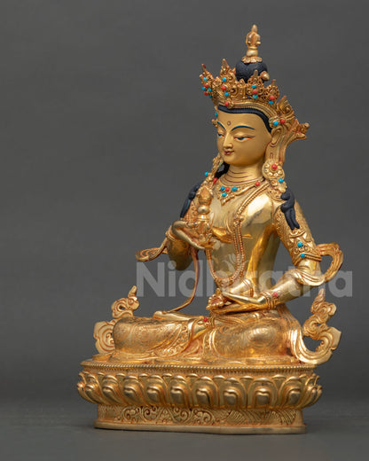 Left side view Vajrasattva statue, Himalayan Buddhist altar art with robe detailing