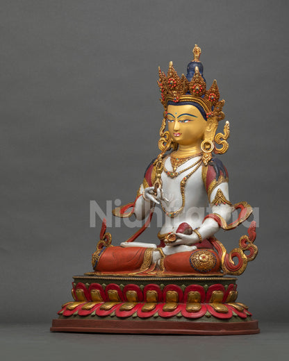 Left side view of Vajrasattva statue with vajra bell mudra, Newari craftsmanship