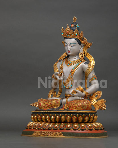 Left side view Vajrasattva statue with gold gilded details and jeweled ornaments