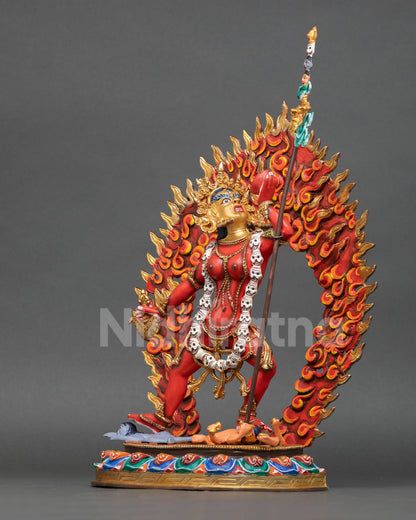 left side view Vajrayogini statue fiery hair bone ornaments Himalayan tantric art sculpture