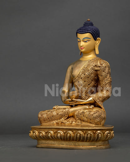 Left View Amitabha Buddha Statue Intricate Robe Carvings Copper Buddhist Art