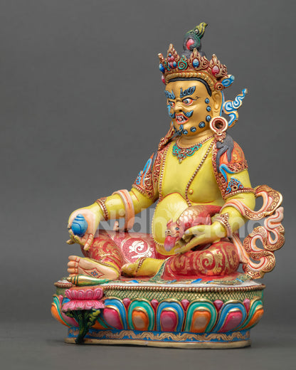 left view dzambhala statue nepalese buddhist sculpture lotus seat spiritual wealth god