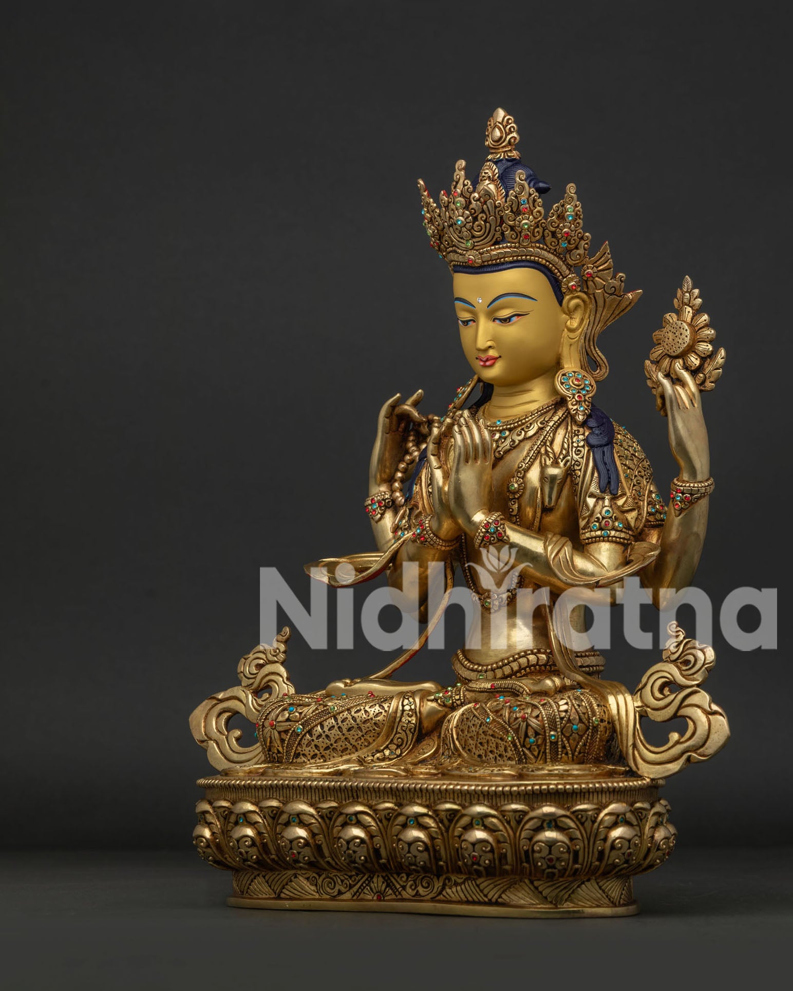 Left View of 24K Gold Fire Gilded Chenrezig Statue with Traditional Newari Craftsmanship