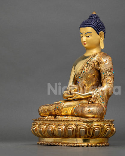 left view of Amitabha Buddha meditation sculpture with intricate gold detailing