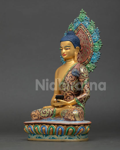 left view of Amitabha Buddha sculpture with colorful lotus throne