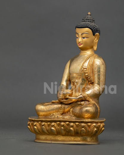 Left view of Amitabha Buddha Statue, handcrafted copper statue with serene posture and golden accents