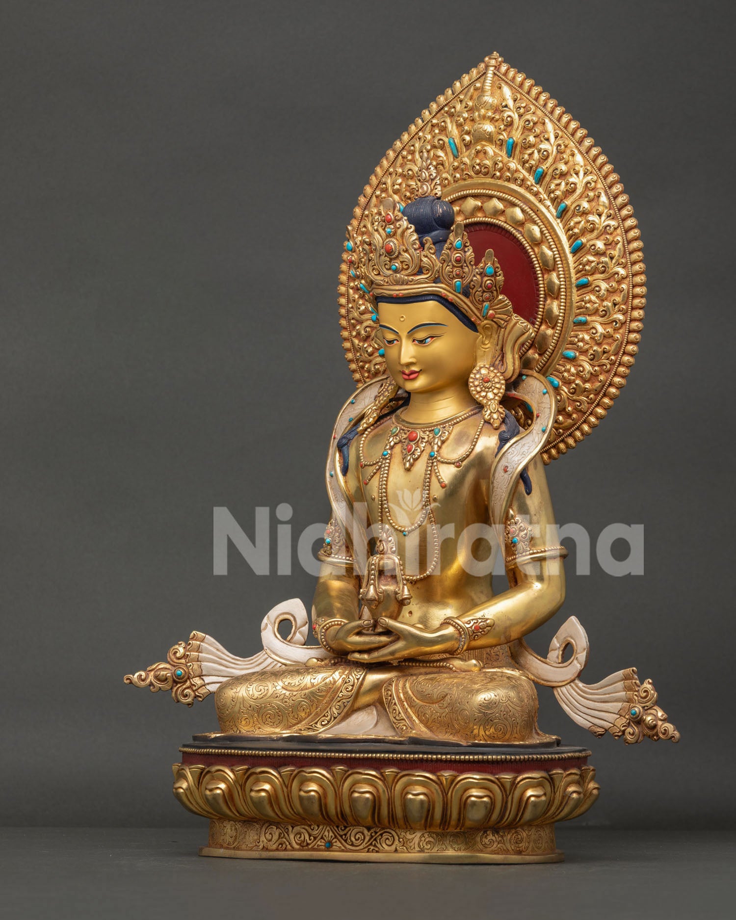 Left View of Amitayus Buddha Statue with 24K Gold Fire Gilded Details