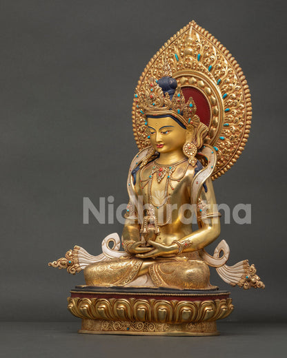 Left View of Amitayus Buddha Statue with 24K Gold Fire Gilded Details