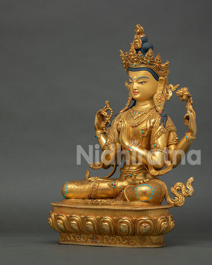 Left view of Avalokiteshvara Statue featuring traditional Newari Buddhist artistry and gold gilding