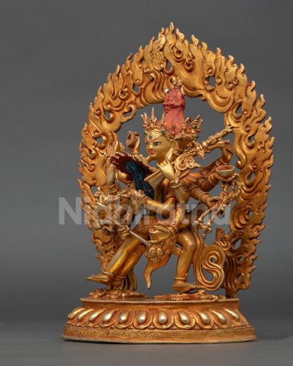 left view of chakrasamvara yab yum sculpture with detailed copper craftsmanship and gemstones