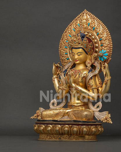 Left View of Chenrezig Statue with 24K Gold Fire Gilded Details