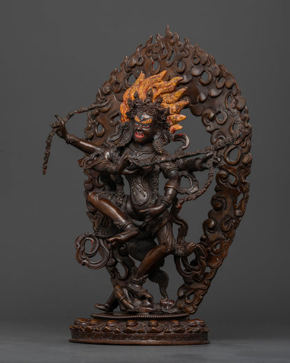 Left view of handcrafted copper Kurukulla Statue with intricate tantric symbolism