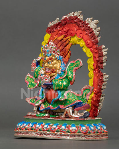 left view of mahakala bernagchen statue with halo and ritual Buddhist symbols