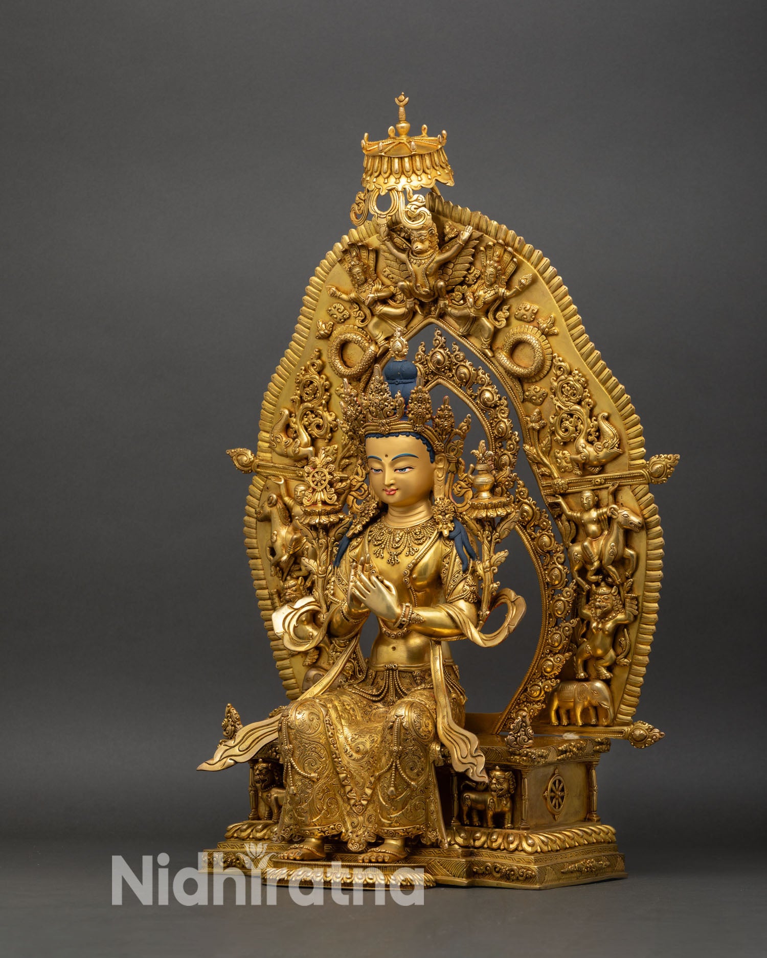 left view of maitreya buddha statue, handcrafted nepalese gilded sculpture