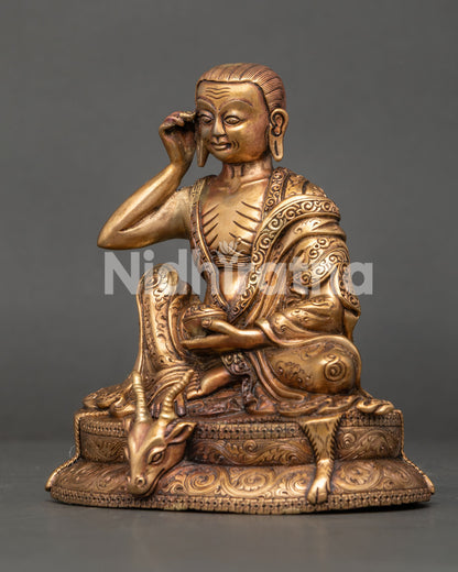 Left View of Pure Copper Milarepa Sculpture Handmade by Newari Artisans in Nepal