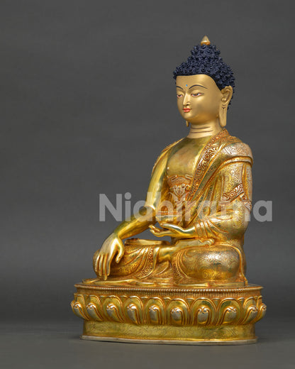left view of shakyamuni buddha statue showcasing handmade nepalese craftsmanship