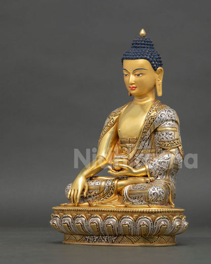 Left view of Shakyamuni Buddha statue with earth touching mudra detail