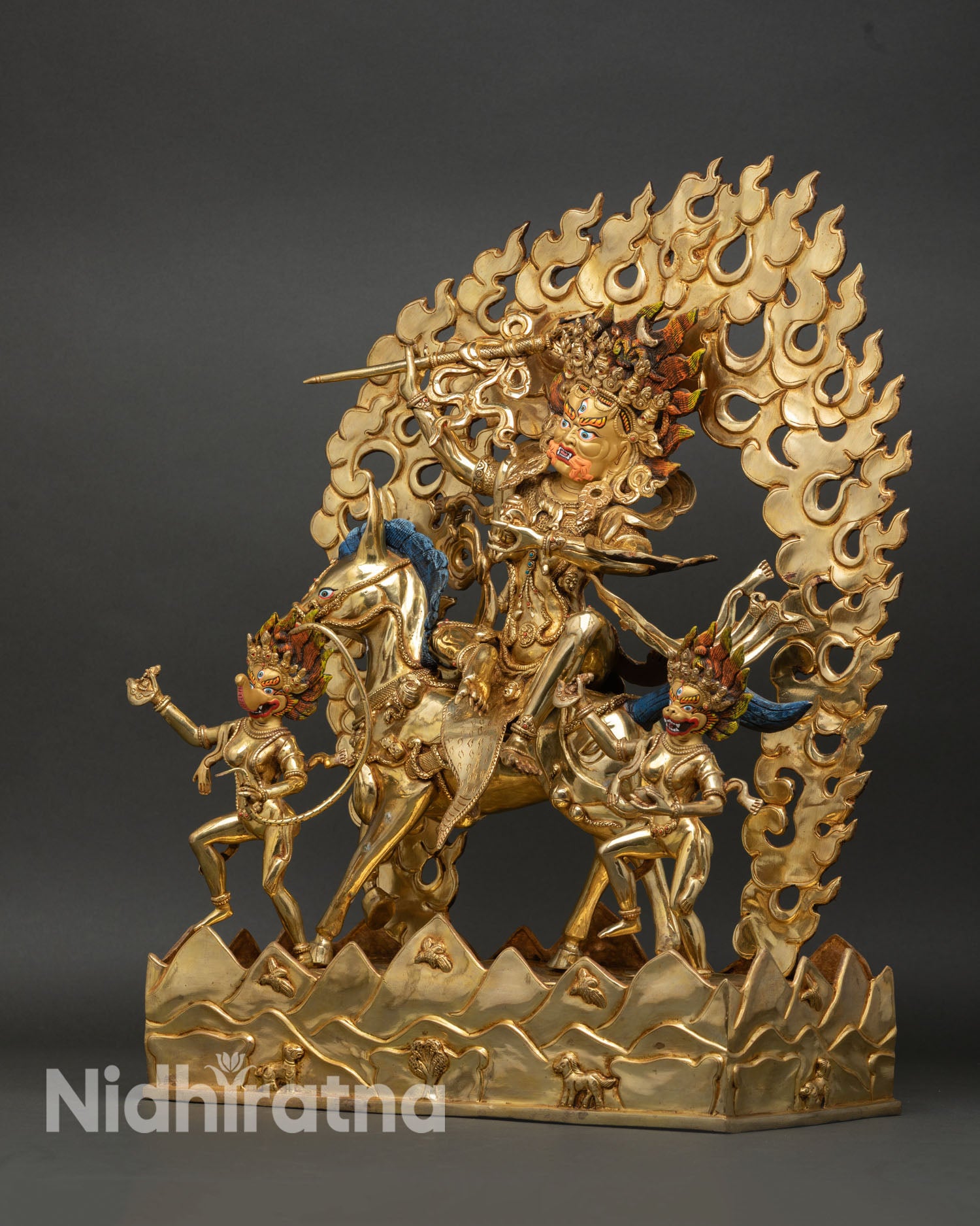 Left View Palden Lhamo Statue on Mule, Gold Gilded Copper with Attendants