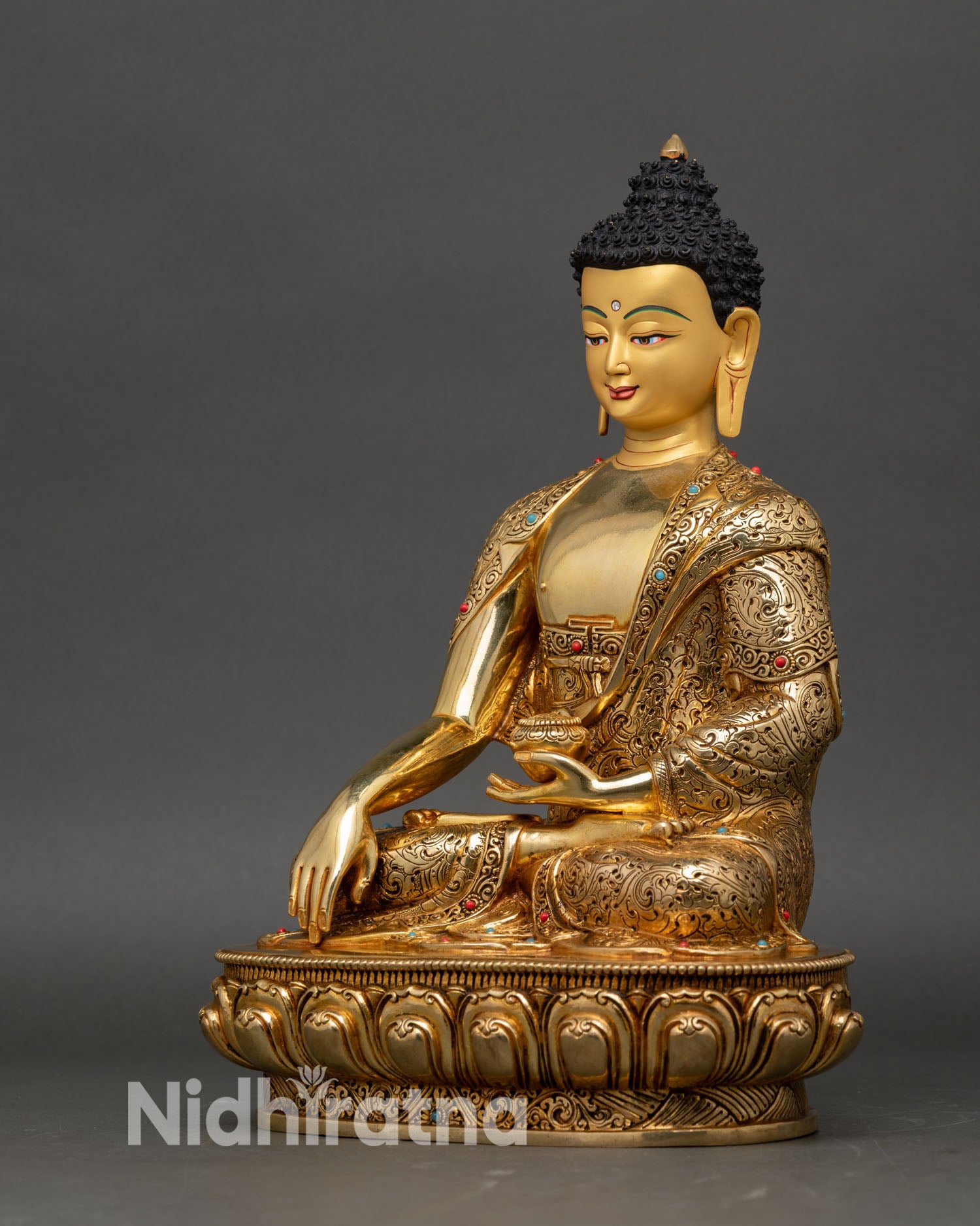 Left view Shakyamuni Buddha statue, traditional Himalayan copper sculpture