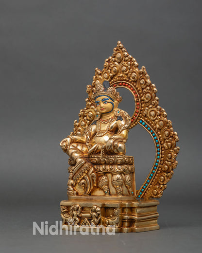 Left view side dzambhala statue intricate details turquoise coral stones