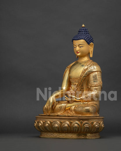 Left side view of handcrafted Shakyamuni Buddha copper statue from Nepal