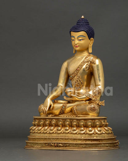 Left side Shakyamuni Buddha, fire-gilded copper, engraved robes, Patan Nepal