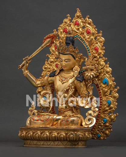 Left View Side Manjushri Statue with 24K Gold Fire Gilded Finish and Lotus Throne