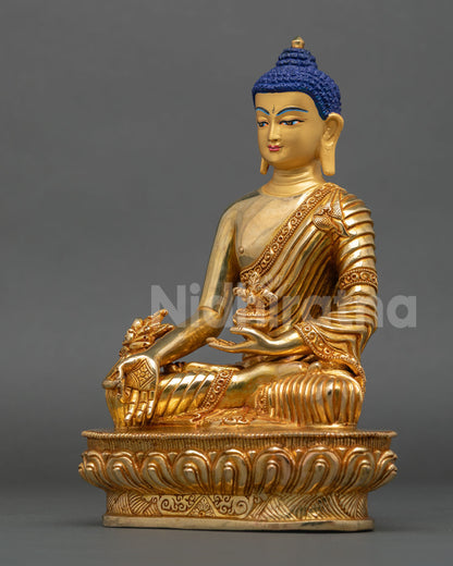 left view side medicine buddha statue handcrafted nepalese lost wax copper bodhisattva healing art