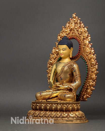 left view side of amitabha buddha statue, gold fire-gilded copper meditative figure