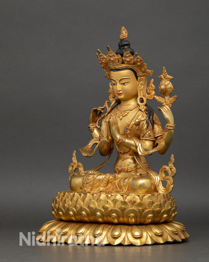 left view side of chenrezig statue, fire-gilded copper bodhisattva on tiered lotus pedestal