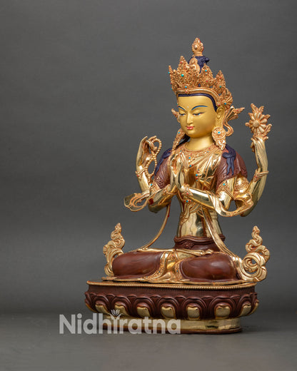 left view side of chenrezig statue with lotus throne, fire gilded buddhist sculpture