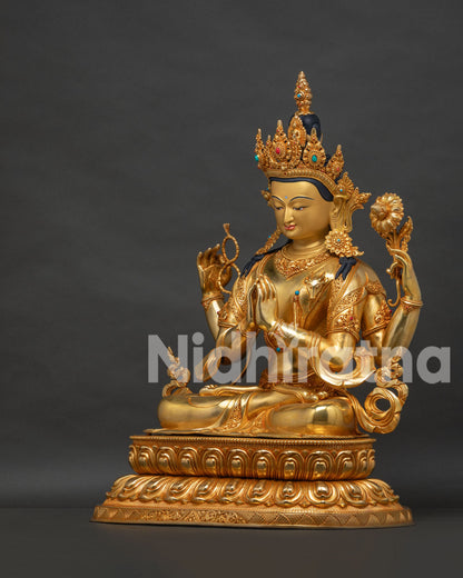 Left view side of four armed Avalokiteshvara statue with lotus throne and gold fire gilded details