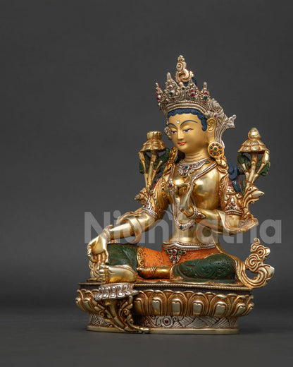 left view side of green tara statue gold gilded copper sculpture